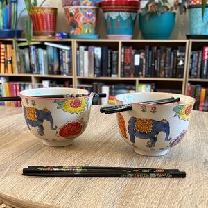 Elephant Floral Ceramic Noodle Bowls with Chopsticks - Set of 2